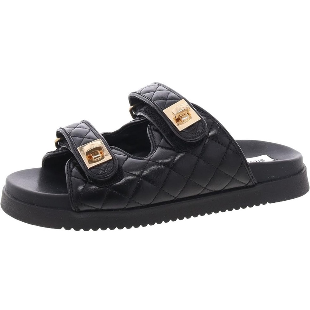 Steve Madden Schmona-CN Leather Quilted Slide Sandals-Black